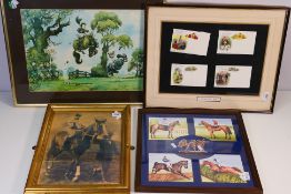 Three framed pictures of equestrian interest and a framed Wills Cigarettes display,