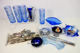 A collection of glassware and plated ware to include Whitefriars style vases,