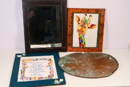 Lot to include a wall mirror with leather clad frame, 50 cm x 40 cm, a needlework sampler,