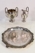 A small quantity of plated ware to include salver, ewer and twin handled vase.