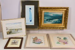 A collection of pictures to include a watercolour coastal landscape scene, Cash's woven silk,