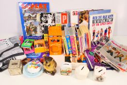 A collection of various books, calendar