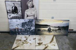 A collection of prints on canvas to include film stars, landscape scene and other,