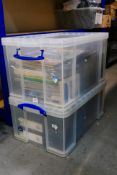 Two Really Useful storage boxes, one 84 litre and one 64 litre, each with a lid,
