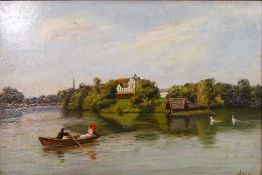 A late 19th century oil on board landscape lakeside scene depicting a couple in a rowing boat to