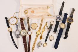 A collection of wristwatches, pocket watch and a pearl bead necklace.