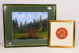 Lot to include an oil painting landscape scene depicting lakeside woodland,