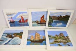 A collection of framed oil on board paintings depicting boats and coastal landscapes,