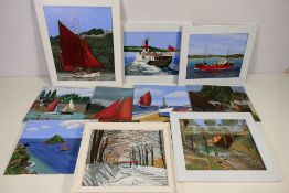 A collection of oil on board paintings depicting boats and landscape scenes, some framed.