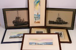 A collection of pictures to include watercolours, etchings and similar, all framed,