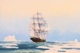 A large oil on canvas maritime scene depicting a clipper type ship sailing through icy waters,