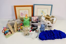 A mixed lot to include two clutch bags, toiletries,