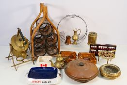 Lot to include a quantity of brassware, vintage Whitbread and Tetley ceramic ashtrays, abacus,