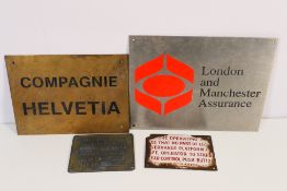 A collection of vintage signs to include Compagnie Helvetia, enamelled platform warning sign,