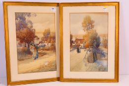 Two early 20th century watercolours depicting figures in a rural setting,