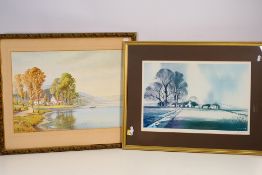 A watercolour landscape scene, view across water to buildings and hills,