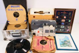 Lot to include a cine projector, a quantity of 78 rpm records, framed display of coins and stamps,
