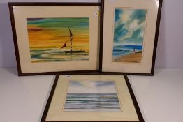 Three watercolour coastal landscape scenes, all signed by the artist David Harvey,