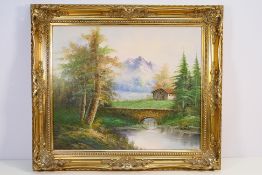A gilt framed oil on canvas landscape scene, signed lower right R Martens,