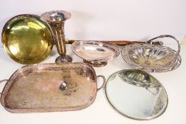 A collection of plated ware, mirrored stand and a vintage bed warmer. [2].