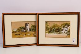 Two watercolour landscape scenes one depicting recumbent cattle outside a church,