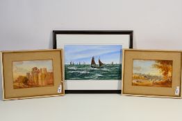 A watercolour seascape titled Herring Drifters, signed by the artist R M B Gowans,