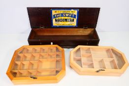 Two wall mountable display cases, largest 38 cm x 30 cm and a vintage wooden tool box,
