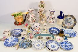 Mixed ceramics to include blue and white, Japanese, Meissen style clock, character jug and similar.