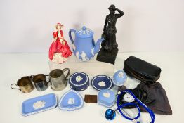 A mixed lot to include Wedgwood Jasperware, small quantity of plated ware, ceramic figure and other.