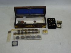 Lot to include a brass mounted wooden box, small quantity of coins and costume jewellery.