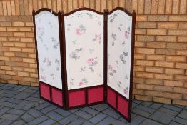A mahogany framed three panel folding screen, 114 cm x 49 cm (147 cm).