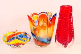 Two pieces of polychrome Iwatsu glass comprising vase and bowl with colourful striped decoration