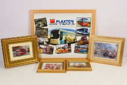 A collection of framed images of buses a