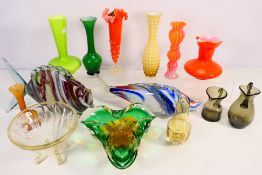 Decorative glassware to include centrepiece, vases, Murano style fish and other,
