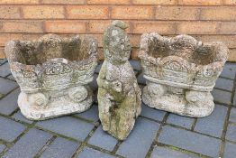 Two reconstituted stone garden planters and a gnome figure (39 cm height). [3].
