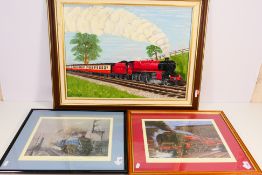 Lot to include an oil on canvas painting depicting an LMS steam locomotive and passenger coaches,