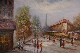 A large oil on canvas Parisian street sc