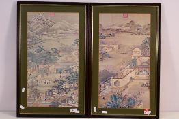 A pair of Oriental prints, mounted and framed under glass, approximately 52 cm x 27 cm image size.