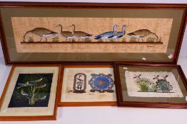 Four paintings on papyrus, avian studies and similar, each signed by the artist Mohamed Ali,
