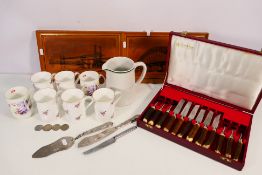 Lot to include ceramics, a cased set of antler handled flatware,