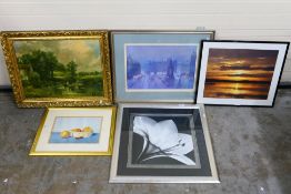 A collection of framed prints including a pencil signed limited edition and a watercolour still