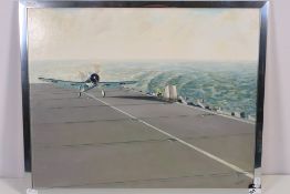 A framed oil on board painting depicting