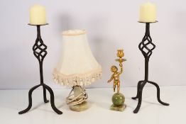Lot to include a pair of wrought iron pricket candlesticks, 39 cm (h),
