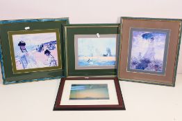 A collection of framed prints and a photographic image of Comet Hale-Bopp over Stonehenge,