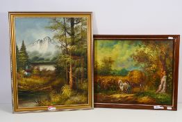 Two oil on canvas landscape scenes, one a lakeside scene with mountainous background,