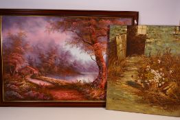 A large oil on canvas lakeside landscape