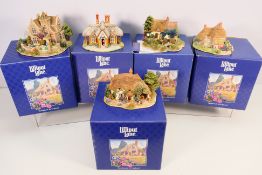 Five Lilliput Lane models comprising # L2123 The Pottery, # L2059 Summer Days, # 2100 Green Gables,