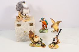 Royal Crown Derby - Five avian studies comprising Fantail Pigeon (boxed) signed L Payne,
