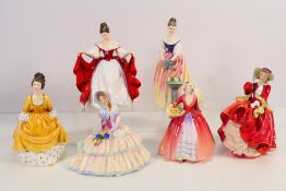 Six Royal Doulton lady figures comprising # HN1539 Janet, # HN1731 Daydreams, # HN3286 Alexandra,