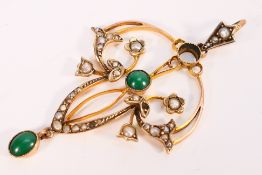 A rose metal (stamped 9ct) set with split pearls and green stone, 5 cm (l), approximately 3.1 grams.